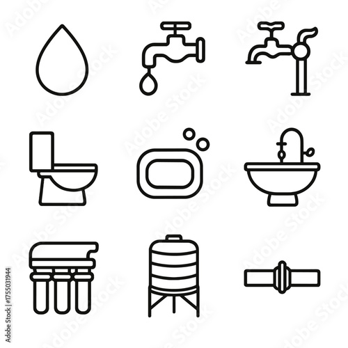 Clean Water Icon Set. Outline icon set of clean water and sanitation projects: water droplet, faucet, water pump, toilet, soap bar