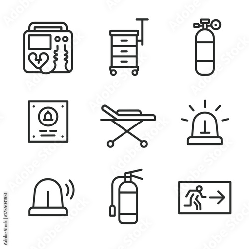 Hospital Emergency Icons. Outline icon set of hospital emergency equipment: defibrillator, crash cart, oxygen tank, emergency