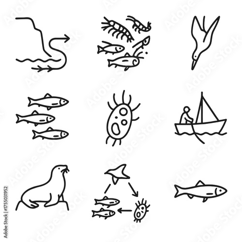 Coastal Ecosystem Icons. Outline icon set of coastal upwelling zones: coastal cliff silhouette, cold nutrient-rich water arrow,