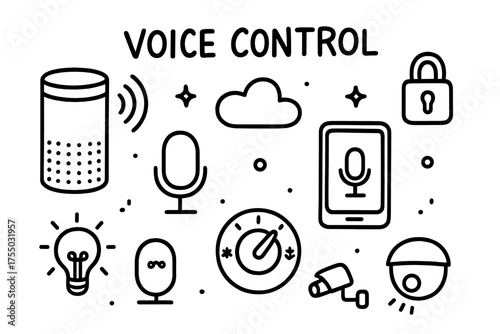 Voice Control Doodles. Voice Control. Hand-drawn doodle illustration Voice Control smart speaker microphone smartphone app cloud light lock thermostat camera