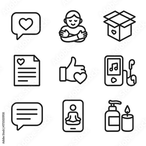 Emotional Support Icons. Outline icon set of emotional support elements: heart message, virtual hug, care package box, handwritten