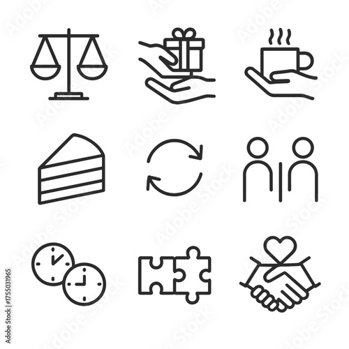 Balanced Exchange Icons. Outline icon set of balanced give-and-take: scales with equal weights, two hands exchanging gift, shared