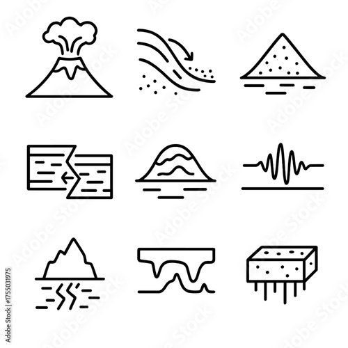 Geological Processes Icons. Outline icon set of geological processes: volcanic eruption, erosion flow, sediment deposition,