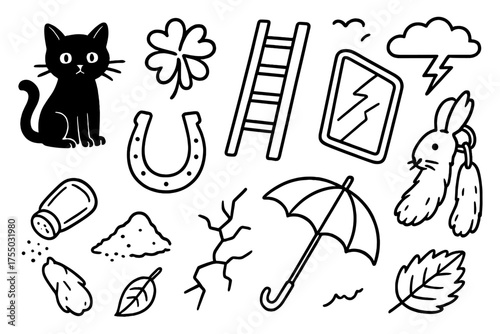 Superstitious Symbols Illustration. Superstitious Objects. Hand-drawn doodle illustration Superstitious Objects black cat ladder broken mirror horseshoe rabbit