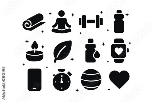 Balanced Lifestyle Icons. Balanced lifestyle. Solid icons set of Balanced lifestyle: yoga mat, meditation figure, dumbbell, water bottle, candle, leaf,