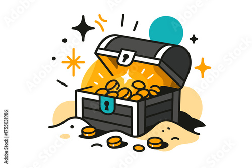 Glowing Treasure Discovery. Buried Chest. A glowing treasure chest half-buried in sand with sparkling coins, abstract floating spark and star icons symbolizing