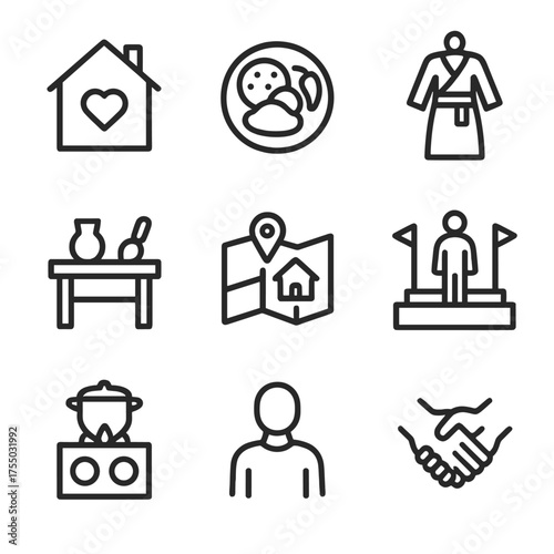 Cultural Homestay Icons. Outline icon set of cultural homestay experiences: host family house, traditional meal plate, local dress