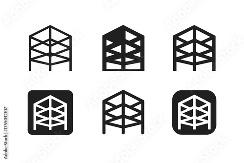 Architectural Logo Variations. 3D model of building skeleton. Set Logo of 3D model of building skeleton: steel frame. harmonious logo variations of the same