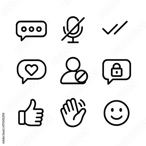Digital Communication Icons. Outline icon set of digital communication etiquette: typing indicator dots, muted microphone, read