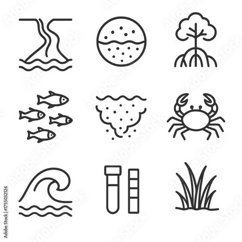 Estuarine Flow Icons. Outline icon set of estuarine and riverine flows: river mouth delta, salinity gradient icon, mangrove root,