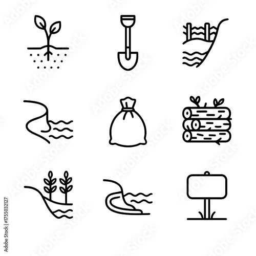Freshwater Habitat Icons. Outline icon set of freshwater habitat restoration: native plant sapling, shovel, erosion barrier,
