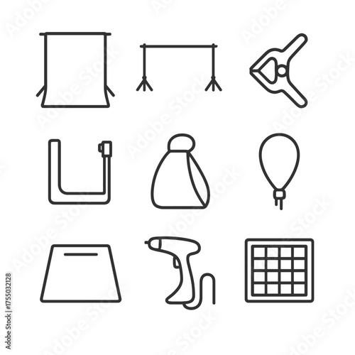 Green Screen Icon Set. Outline icon set of green screen accessories: chroma key backdrop, backdrop stand, seam clamp, frame