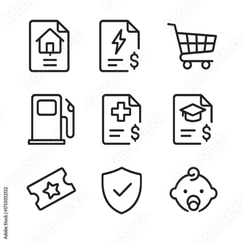 Expense Icons Grid. Outline icon set of expense tracking and categorization: housing payment, utilities bill, groceries cart, fuel
