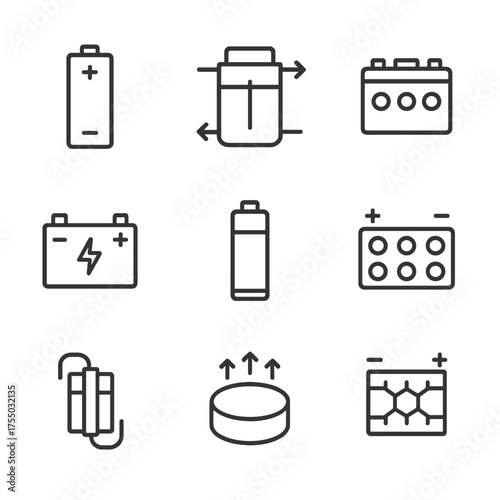 Electrochemical Icon Set. Outline icon set of electrochemical storage solutions: lithium-ion cell, flow battery tank, solid-state