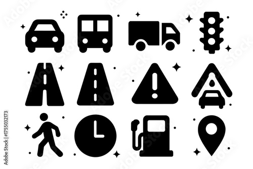 Traffic Jam Icons. Traffic jam. Solid icons set of Traffic jam: car, bus, truck, traffic light, highway, road, accident sign, caution triangle, pedestrian,
