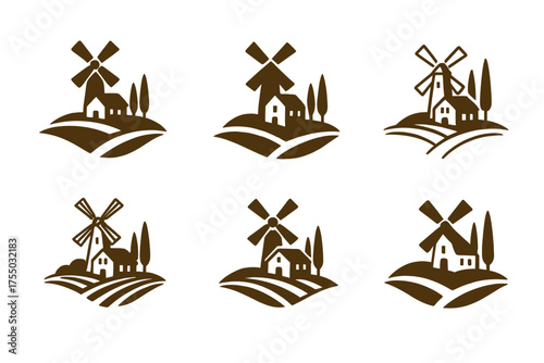 Farmhouse Windmill Logos. A rustic farmhouse with a windmill in the distance. Set Logo of A rustic farmhouse with a windmill in the distance: Windmill atop a