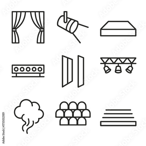 Dramatic Stage Icon Set. Outline icon set of dramatic stage elements: velvet curtain, spotlight beam, stage platform, footlights,