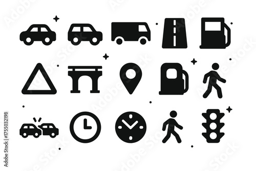 City Traffic Icons. City traffic. Solid icons set of City traffic: car, bus, truck, road, traffic light, caution triangle, overpass, map pin, fuel pump,
