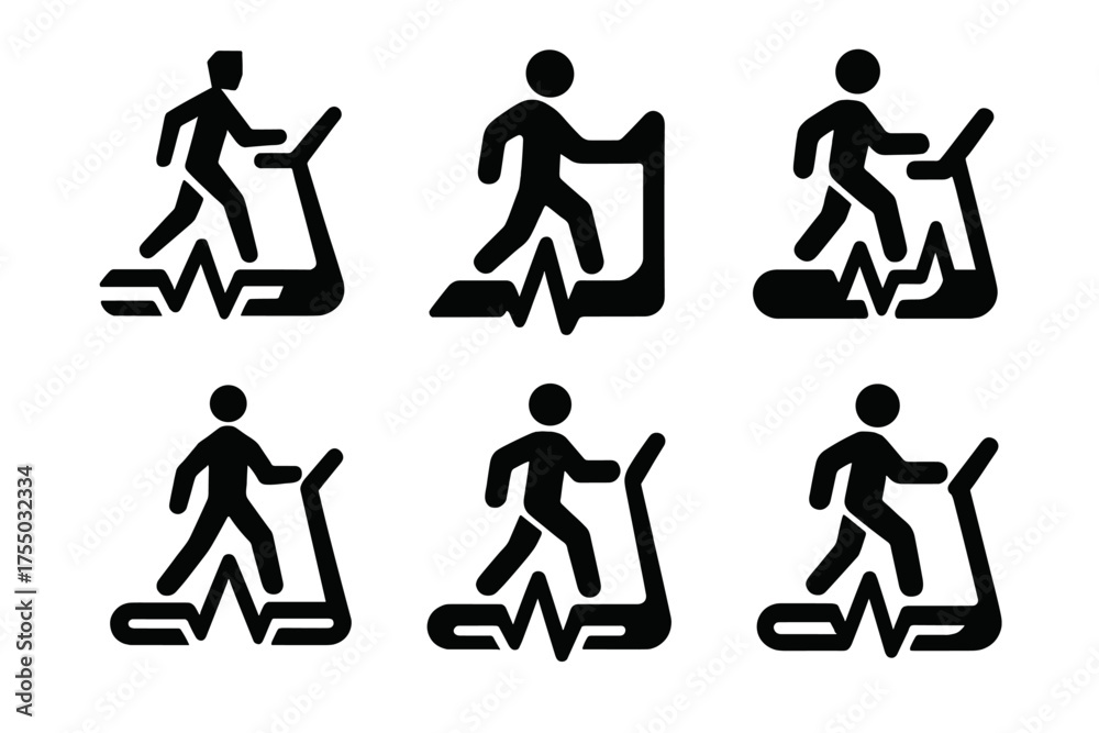Naklejka premium Treadmill Logo Variations. A Person Walking on a Treadmill at a Gym, Tracking Their Progress. Set Logo of A Person Walking on a Treadmill at a Gym, Tracking