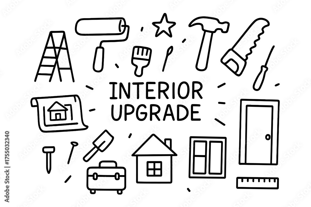 Fototapeta premium Interior Upgrade Tools. Interior upgrade. Hand-drawn doodle illustration interior upgrade paint roller, brush, ladder, hammer, screwdriver, saw, blueprint,
