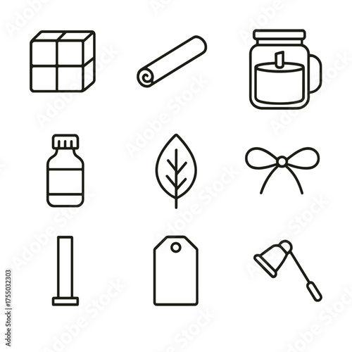 Fall Candle Icon Set. Outline icon set of fall candle making: soy wax block, cinnamon stick, mason jar candle, essential oil