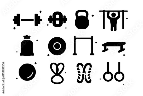 Strength Exercise Icons. Strength Exercises. Solid icons set of Strength Exercises: Barbell, Dumbbell, Kettlebell, Pull-Up Bar, Sandbag, Weight Plate, Squat