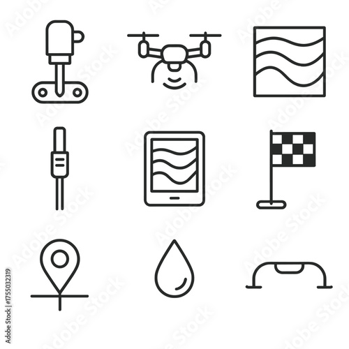 Aerial Soil Mapping Icons. Outline icon set of aerial soil mapping robots: soil sampler, mapping drone, terrain contour,