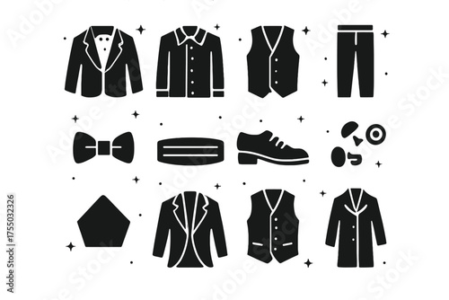 Men's Formal Wear Icons. Men?s Formal Wear. Solid icons set of Men?s Formal Wear: tuxedo jacket, dress shirt, vest, trousers, bow tie, cummerbund, formal