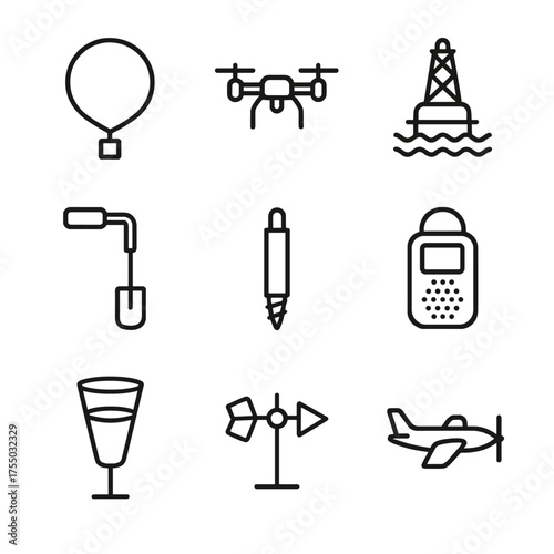 Field Data Tools Icons. Outline icon set of field data collection tools: weather balloon, drone, ocean buoy, soil sampler, ice