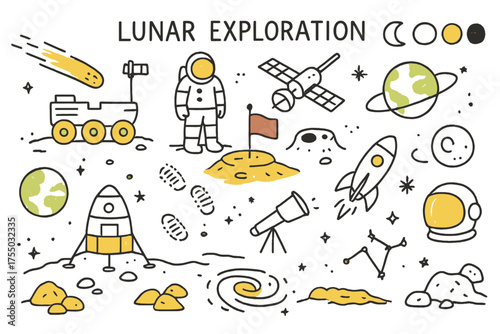 Lunar Adventure Doodles. Lunar Exploration. Hand-drawn doodle illustration Rover, astronaut, crater, flag, satellite, telescope, module, footprints, orbit