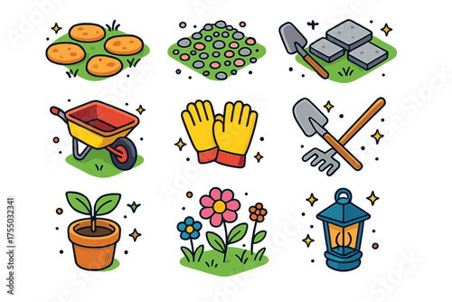 Garden Trail Icons. Garden Trail. Colorful isometric vector icons set of garden trail: stepping stones, gravel, stone slabs, wheelbarrow, gloves, shovel, rake,