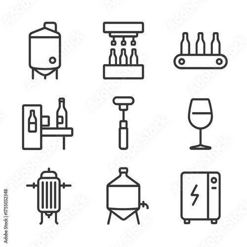 Beverage Production Equipment Icons. Outline icon set of beverage production line: stainless steel tank, bottling machine,