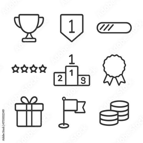 Gamification Icon Set. Outline icon set of gamification elements: trophy cup, level badge, progress bar, star rating, leaderboard