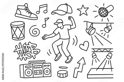 Hip Hop Essentials. Hip hop dance. Hand-drawn doodle illustration hip hop dance sneakers, cap, music note, microphone, star, boom box, graffiti tag, heart,