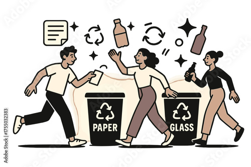 Vibrant Recycling Icons. Recycling with labels. Glowing bins clearly marked with paper, plastic, glass signs. Floating icons of text, sparkle, and recycle