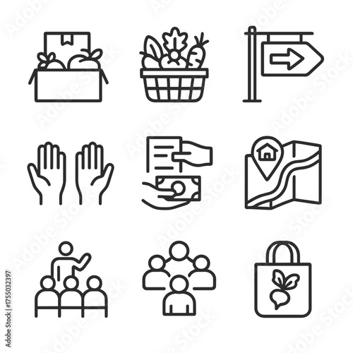 Community Agriculture Icons. Outline icon set of Community-supported agriculture (CSA): subscription box, seasonal produce basket,