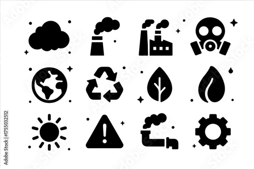 Air Quality Icons. Air quality. Solid icons set of Air quality: cloud of smoke, smoke stack, factory building, gas mask, globe, recycle symbol, leaf, water