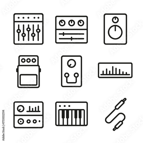 Audio Equipment Icons. Outline icon set of signal processing and effects: equalizer rack, compressor unit, reverb processor, delay