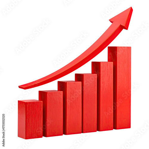 Red 3D graphic showing upward-trending bar graph with an overlaying arrow against black
