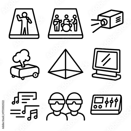 Concert Hologram Icons. Outline icon set of concert hologram performances: singer hologram, band hologram, laser projector, fog