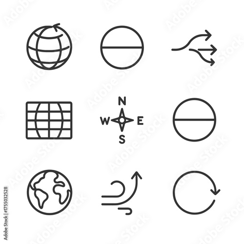 Coriolis Effect Icons. Outline icon set of Coriolis effect on wind: spinning Earth, equator line, Coriolis arrow, map projection,