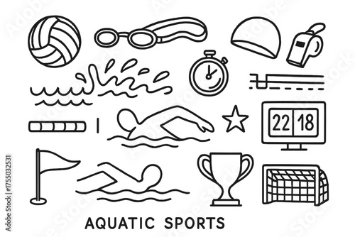 Aquatic Sports Doodle. Aquatic sports. Hand-drawn doodle illustration aquatic sports ball, goggles, swim cap, splash, wave, stopwatch, whistle, pool lane,