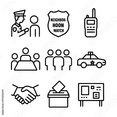 Community Policing Icons. Outline icon set of Community policing initiatives: police officer talking to resident, neighborhood