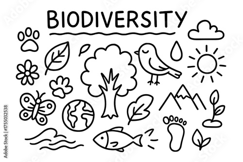Biodiversity Doodle Icons. Biodiversity. Hand-drawn doodle illustration biodiversity tree, leaf, flower, bird, fish, butterfly, paw print, globe, mountain,