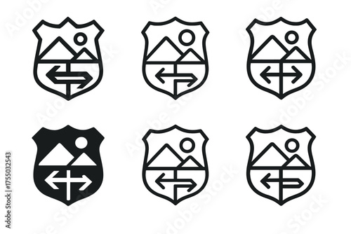 Road Trip Logos. Weekend road trip. Set Logo of Weekend road trip: Route Signpost. harmonious logo variations of the same emblematic concept, each with