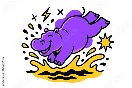 Energetic Hippo Splash. Hippo Splash. A glowing hippopotamus diving into water with droplets flying, abstract spark and wave icons symbolizing energy. Modern