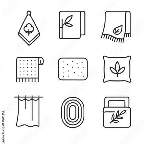 Eco-Friendly Textile Icons. Outline icon set of green living textiles: organic cotton towel, bamboo bed sheet, hemp throw blanket,