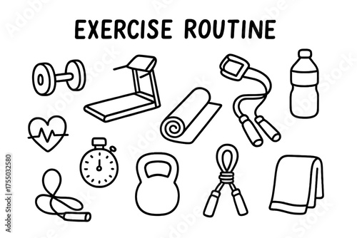 Fitness Doodle Icons. Exercise Routine. Hand-drawn doodle illustration Exercise Routine dumbbell treadmill yoga mat resistance band kettlebell jump rope