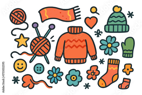 Colorful Knitting Doodle. Wool Knitting. Colorful Hand-drawn doodle Children illustration yarn ball, thread, knitting needles, scarf, sweater, mitten, hat,