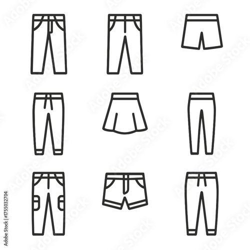 Casual Bottom Wear Icons. Outline icon set of casual bottom wear: jeans, chinos, shorts, joggers, skirt, leggings, cargo pants,